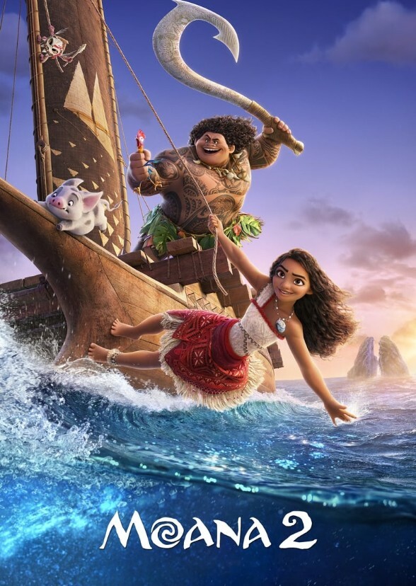 Poster for Moana 2 showing Maui posing with his hook, Moana touching the waves, and various companions.