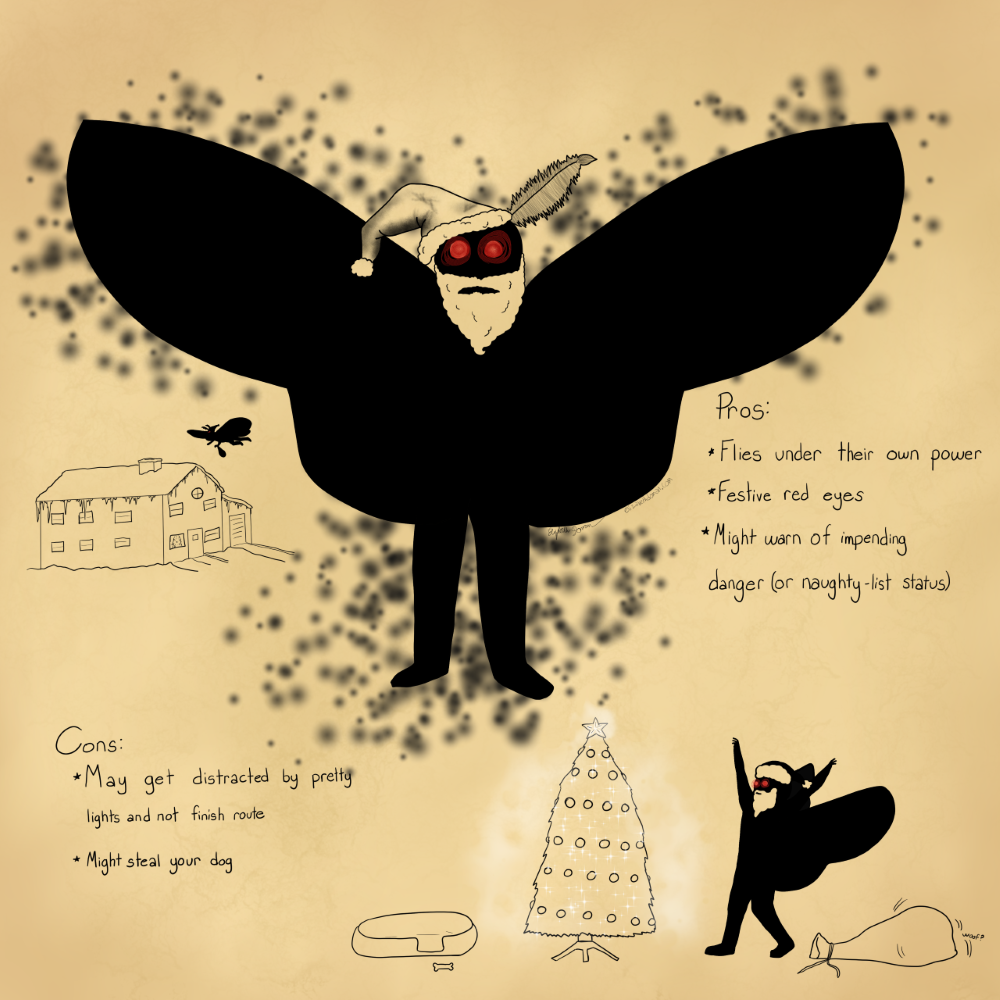 Center: A large black and white image of Mothman surounded by black speckles. They are wearing a santa hat and beard and their eyes are glowing red. On his right side it says "Pros: Flies under their own power; Festive red eyes; and Might warn of impending danger (or naughty-list status). On its right is an image of Mothman with a Santa sack flying to a snowy house. Below Mothman on the right it says "Cons: May get distracted by pretty lights and not finish route; Might steal your dog" On the bottom left, an image of Mothman, arms outstretched, admiring a glowing Christmas tree with a sack behind him wiggling and saying "woof?"